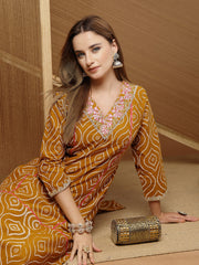Stylum Women's Mustard Bandhej Printed & Embroidered Cotton Straight Kurta (MUSTGOPI)