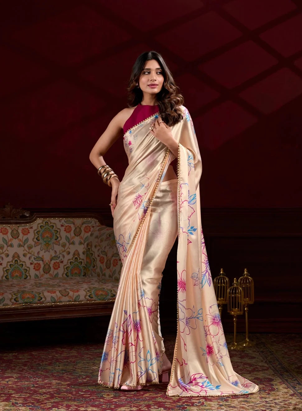 Satin Silk Digital Print Ready To Wear Saree With Blouse Piece