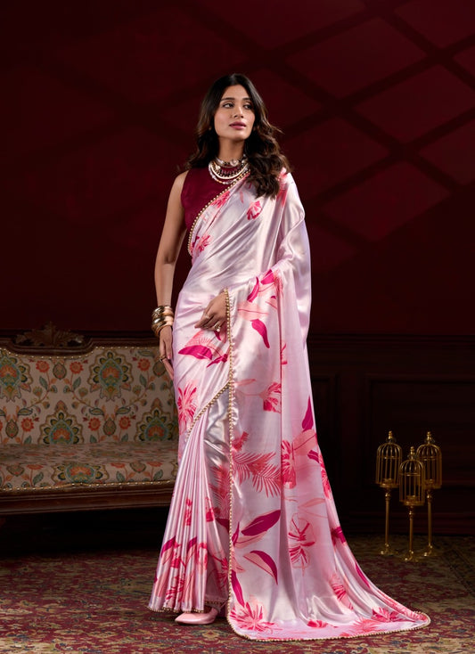 Satin Silk Digital Print Ready To Wear Saree With Blouse Piece-MWB-MOTIPRINT-PINK 983
