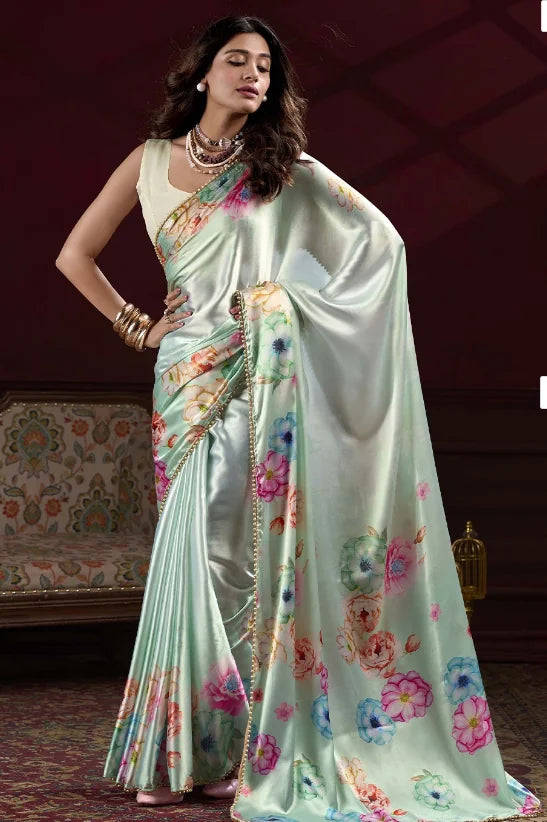 Satin Silk Digital Print Ready To Wear Saree With Blouse Piece