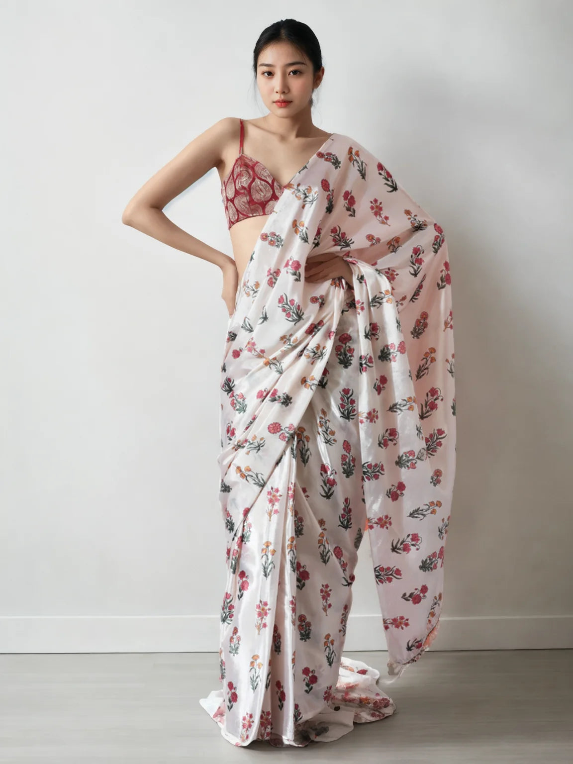 Chinon Digital Print Ready To Wear Saree With Blouse Piece