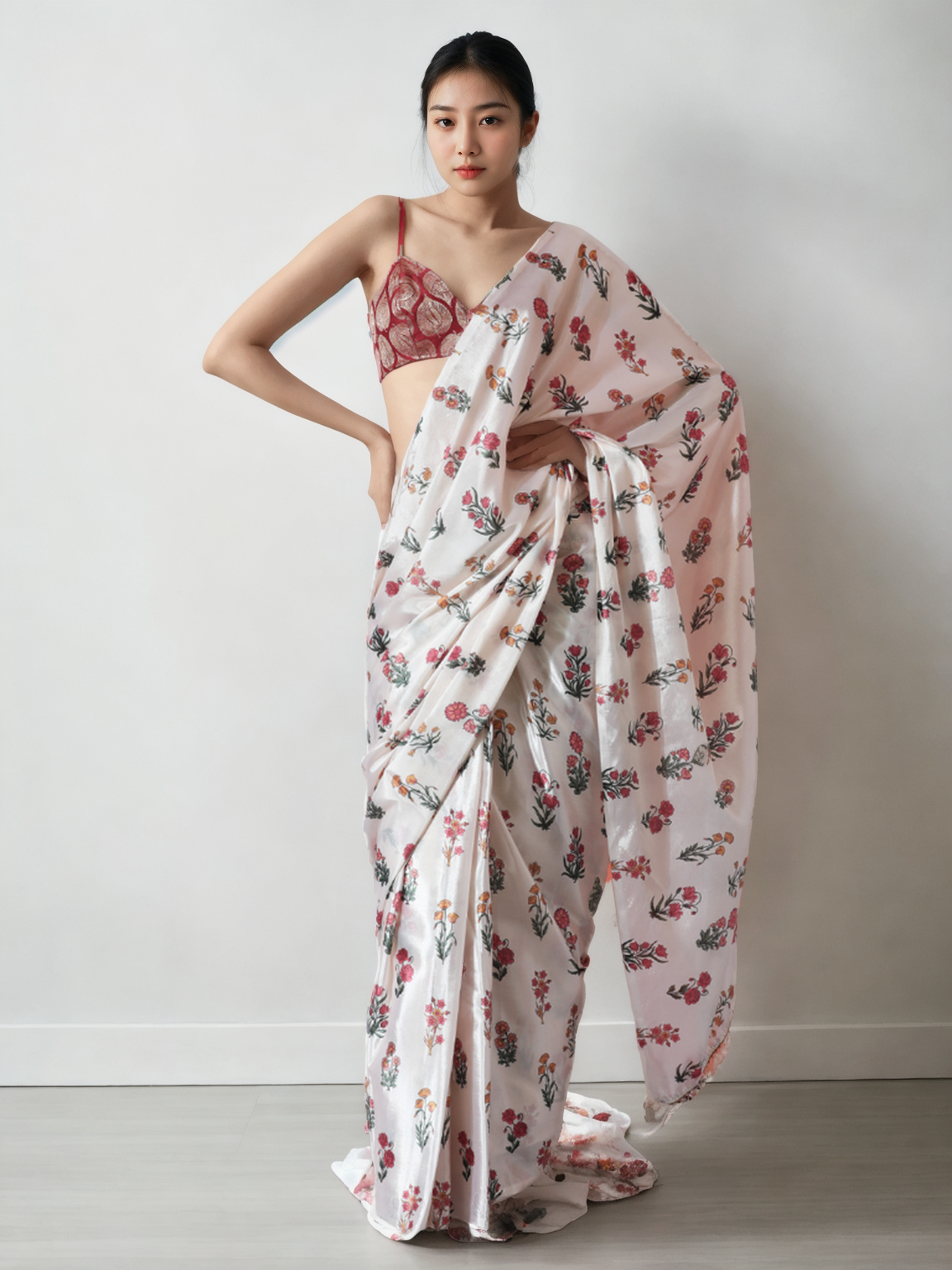 Chinon Digital Print Ready To Wear Saree With Blouse Piece-MWB-VP5002-WHITE
