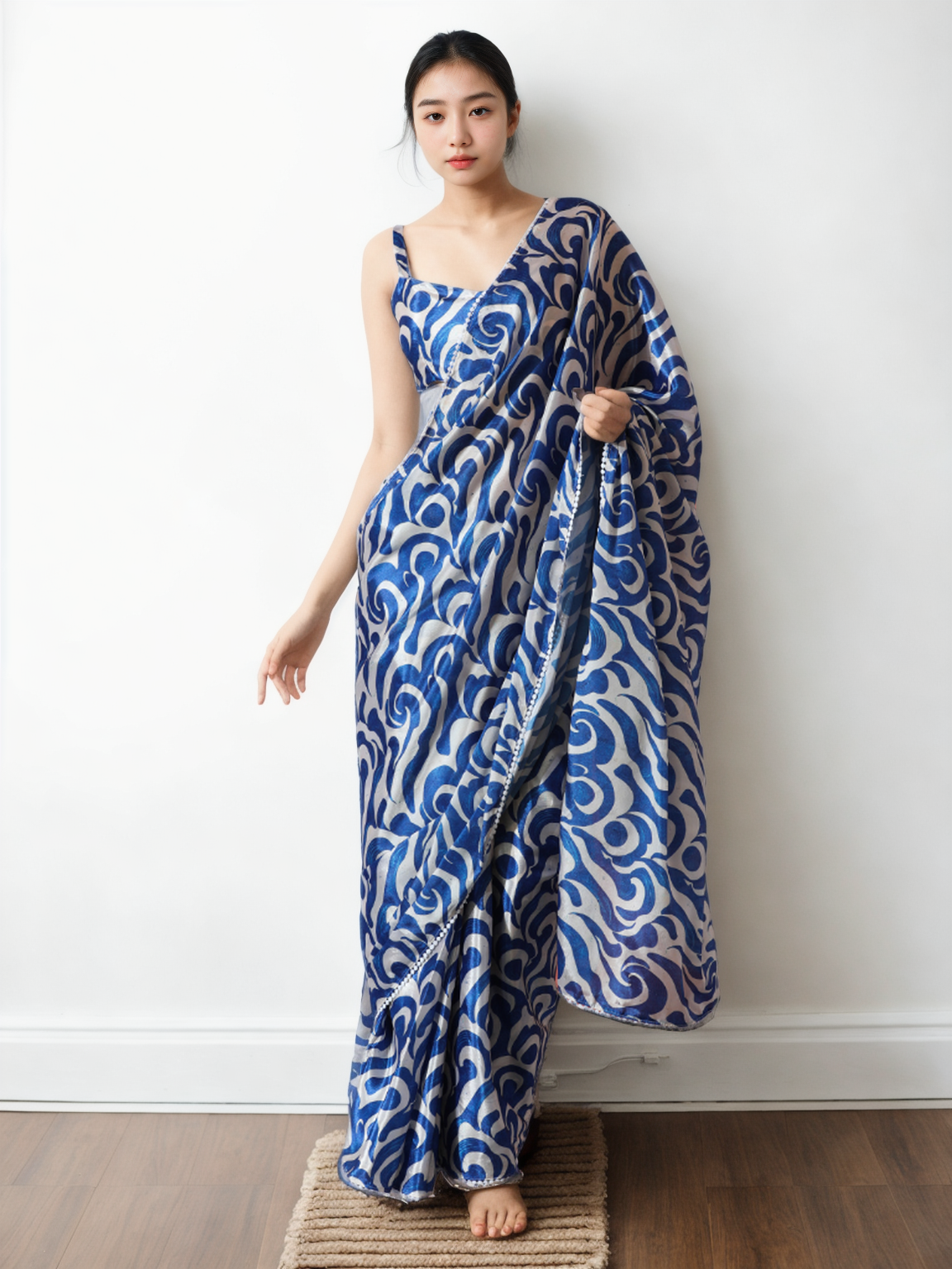 Chinon Digital Print Ready To Wear Saree With Blouse Piece-MWB-VP5003-BLUE