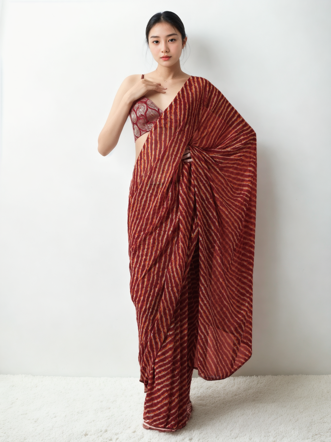Chinon Digital Print Ready To Wear Saree With Blouse Piece