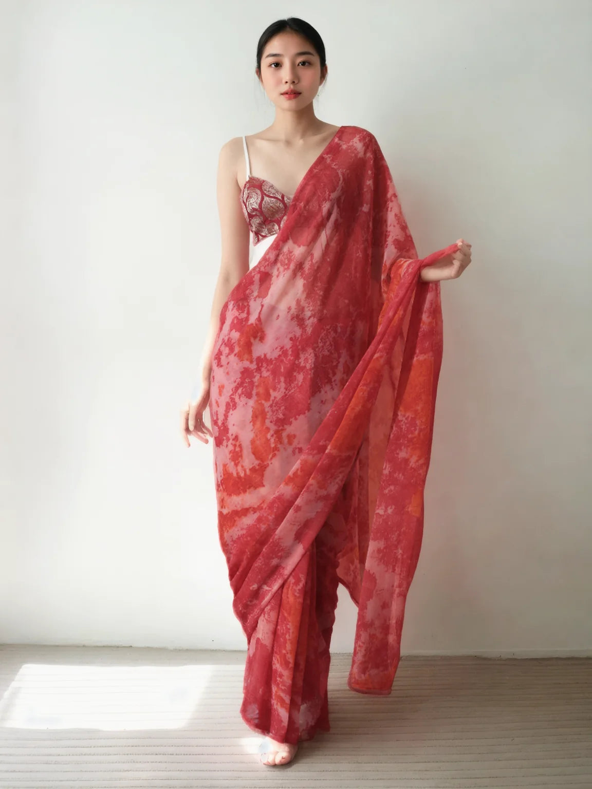 Chinon Digital Print Ready To Wear Saree With Blouse Piece-MWB-VP5005-RED