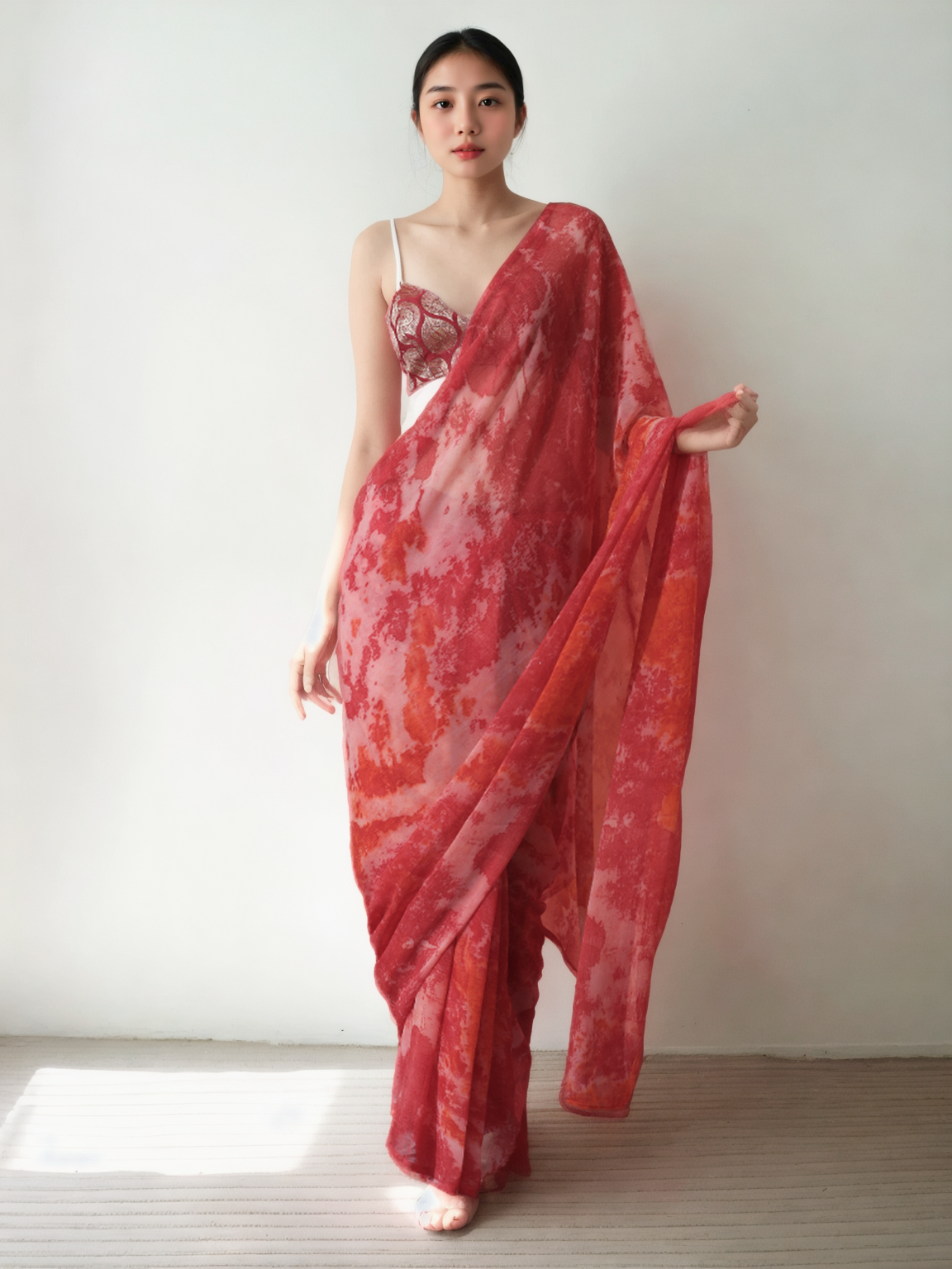 Chinon Digital Print Ready To Wear Saree With Blouse Piece