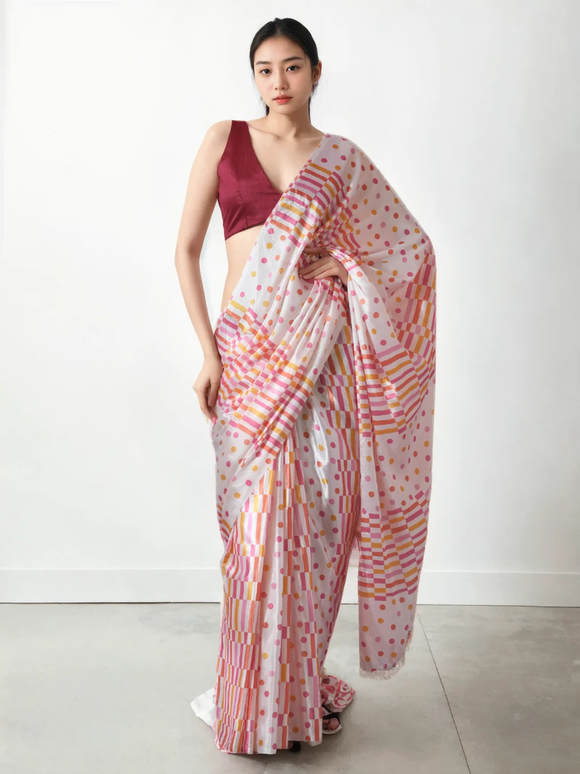 Chinon Digital Print Ready To Wear Saree With Blouse Piece