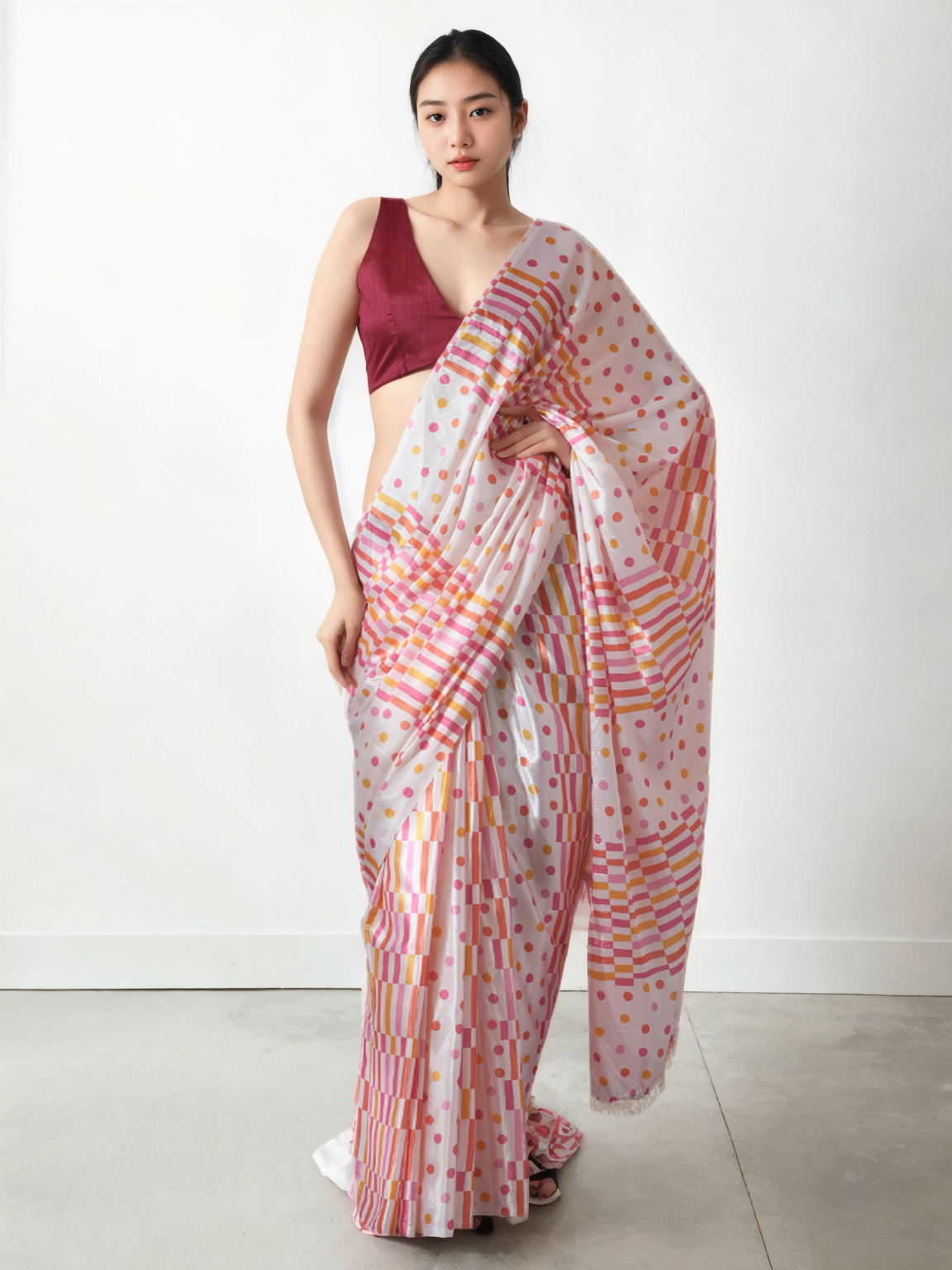 Chinon Digital Print Ready To Wear Saree With Blouse Piece
