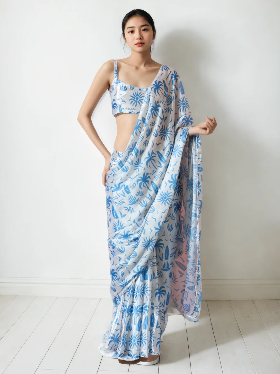 Chinon Digital Print Ready To Wear Saree With Blouse Piece