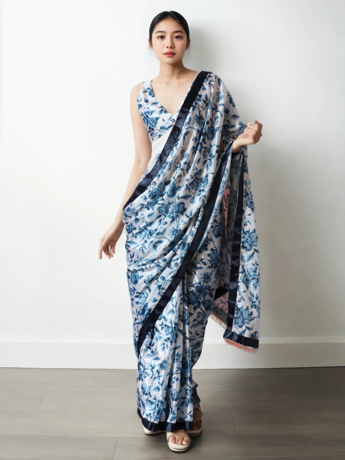 Chinon Digital Print Ready To Wear Saree With Blouse Piece-MWB-VP5010-BLUE