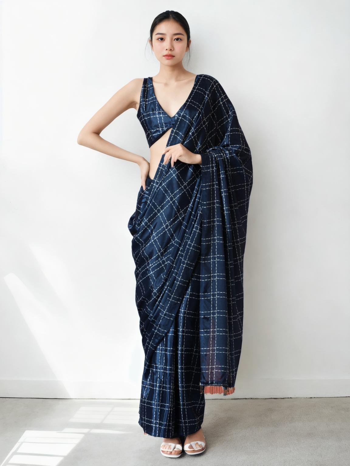 Chinon Digital Print Ready To Wear Saree With Blouse Piece