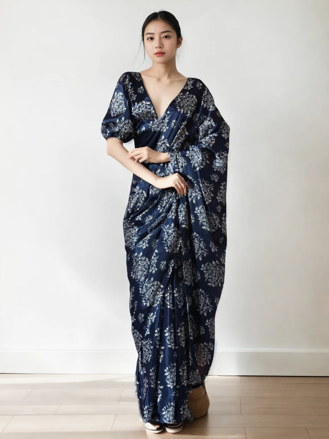 Chinon Digital Print Ready To Wear Saree With Blouse Piece-MWB-VP5016-NAVY