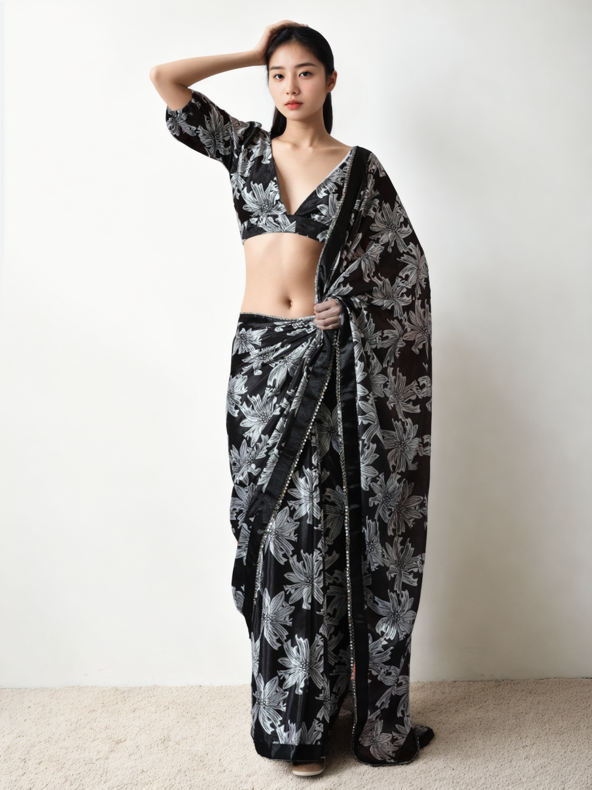 Chinon Digital Print Ready To Wear Saree With Blouse Piece