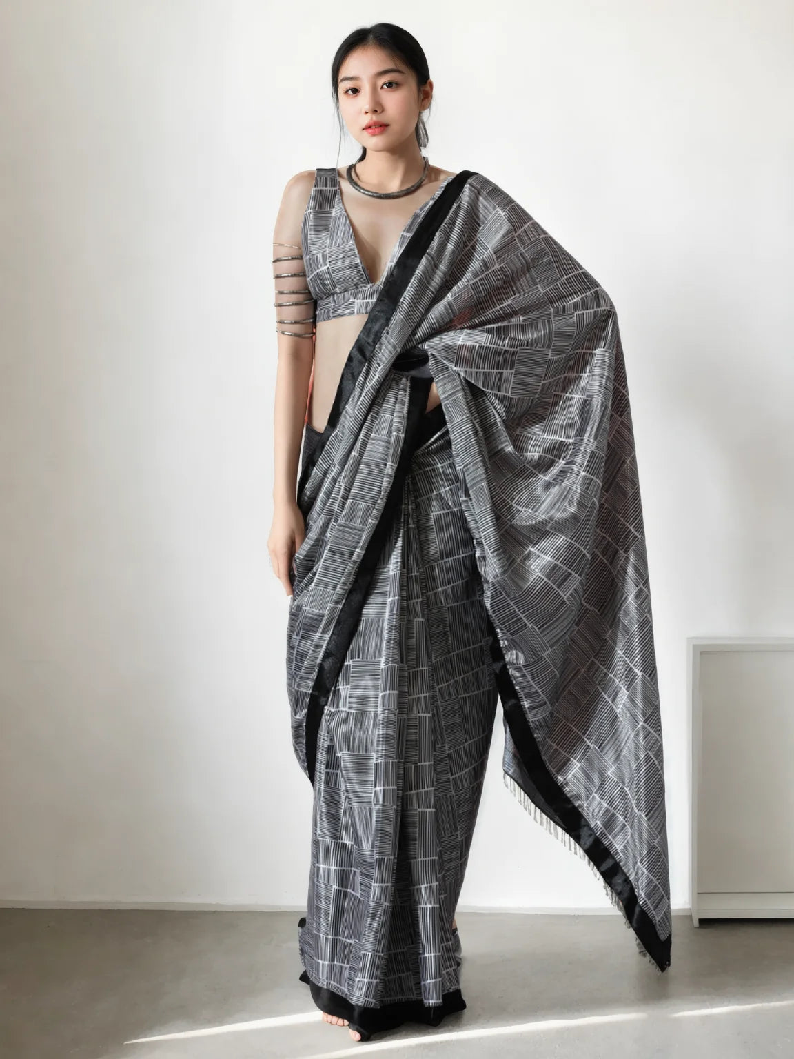 Chinon Digital Print Ready To Wear Saree With Blouse Piece-MWB-VP5018-GREY