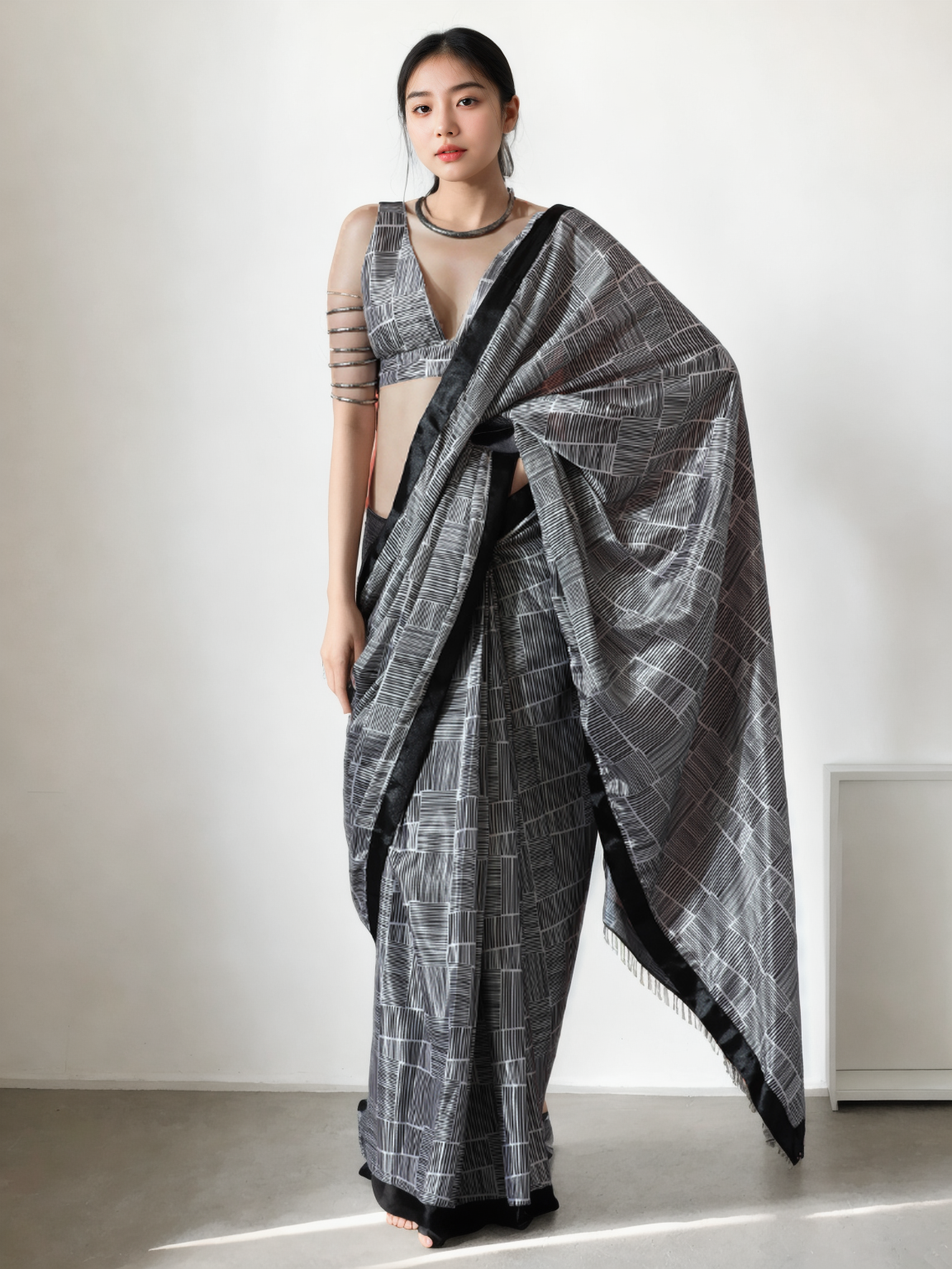 Chinon Digital Print Ready To Wear Saree With Blouse Piece-MWB-VP5018-GREY