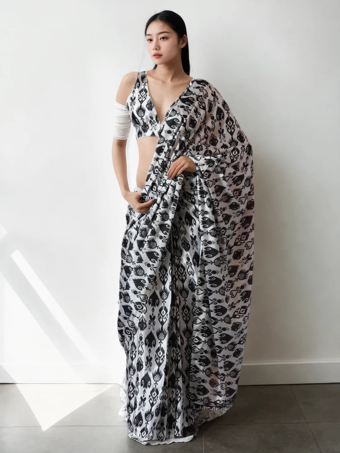 Chinon Digital Print Ready To Wear Saree With Blouse Piece-MWB-VP5019-WHITE