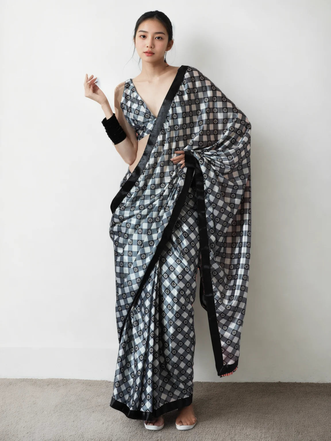 Chinon Digital Print Ready To Wear Saree With Blouse Piece