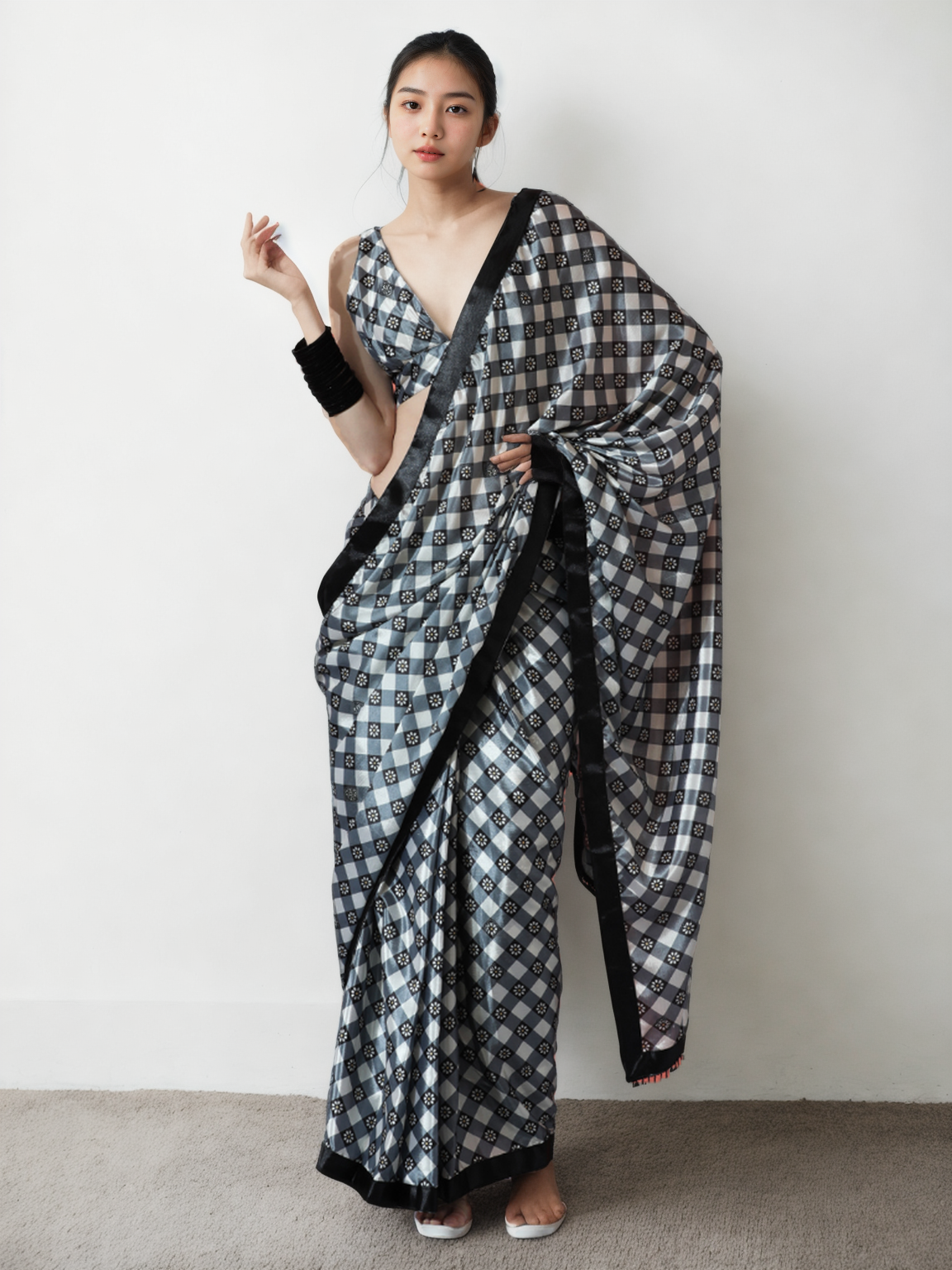 Chinon Digital Print Ready To Wear Saree With Blouse Piece