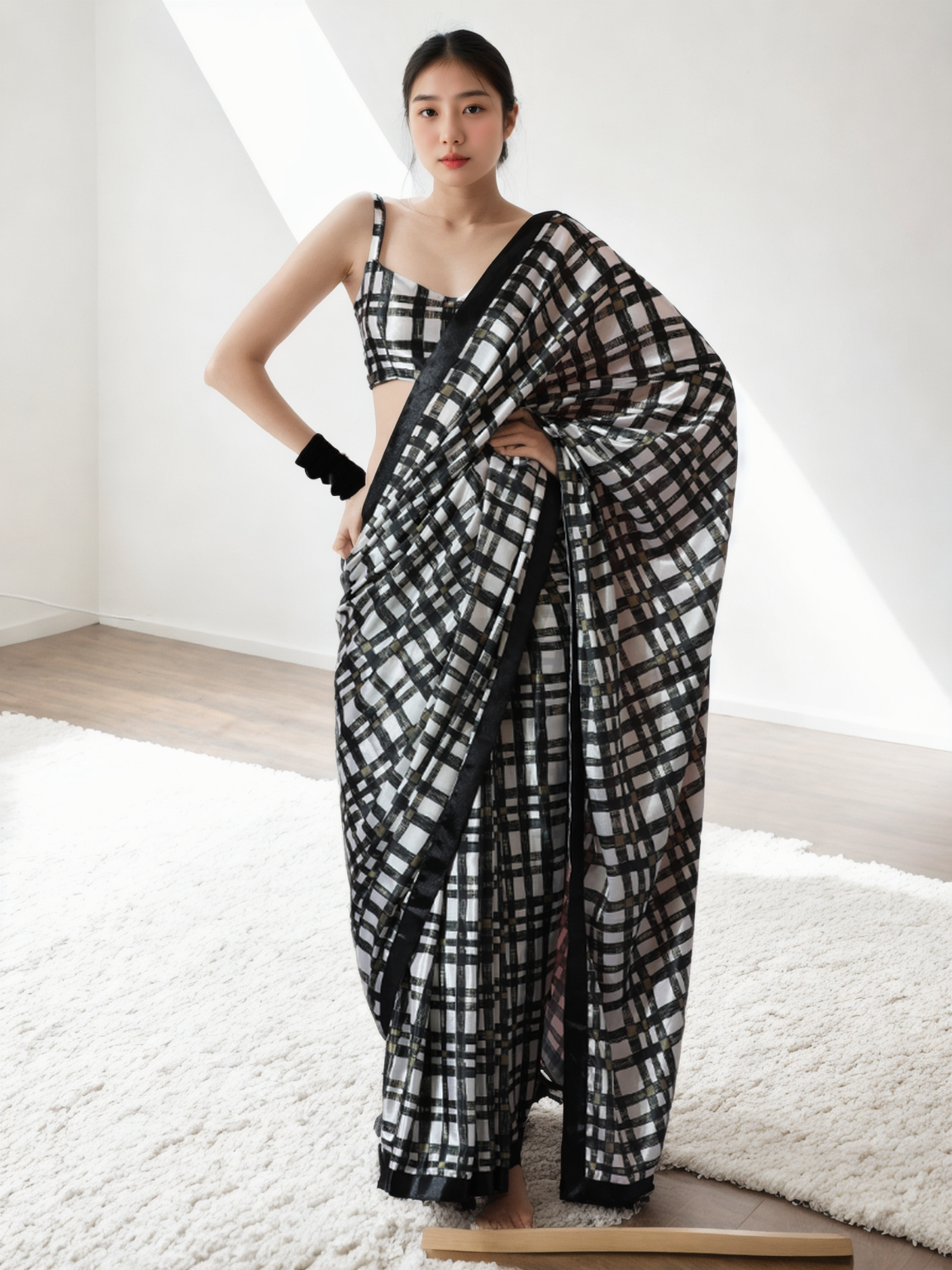 Chinon Digital Print Ready To Wear Saree With Blouse Piece