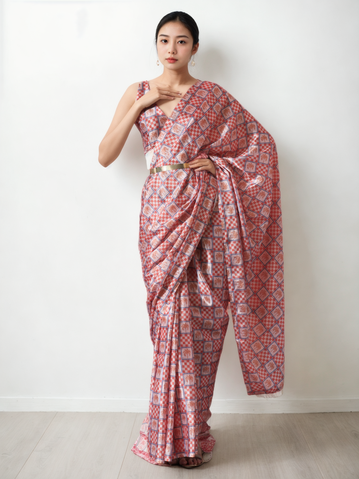 Chinon Digital Print Ready To Wear Saree With Blouse Piece-MWB-VP5023-PINK