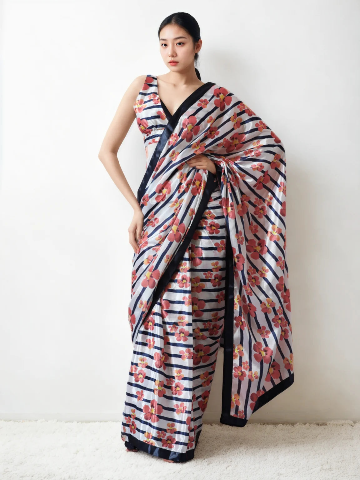 Chinon Digital Print Ready To Wear Saree With Blouse Piece