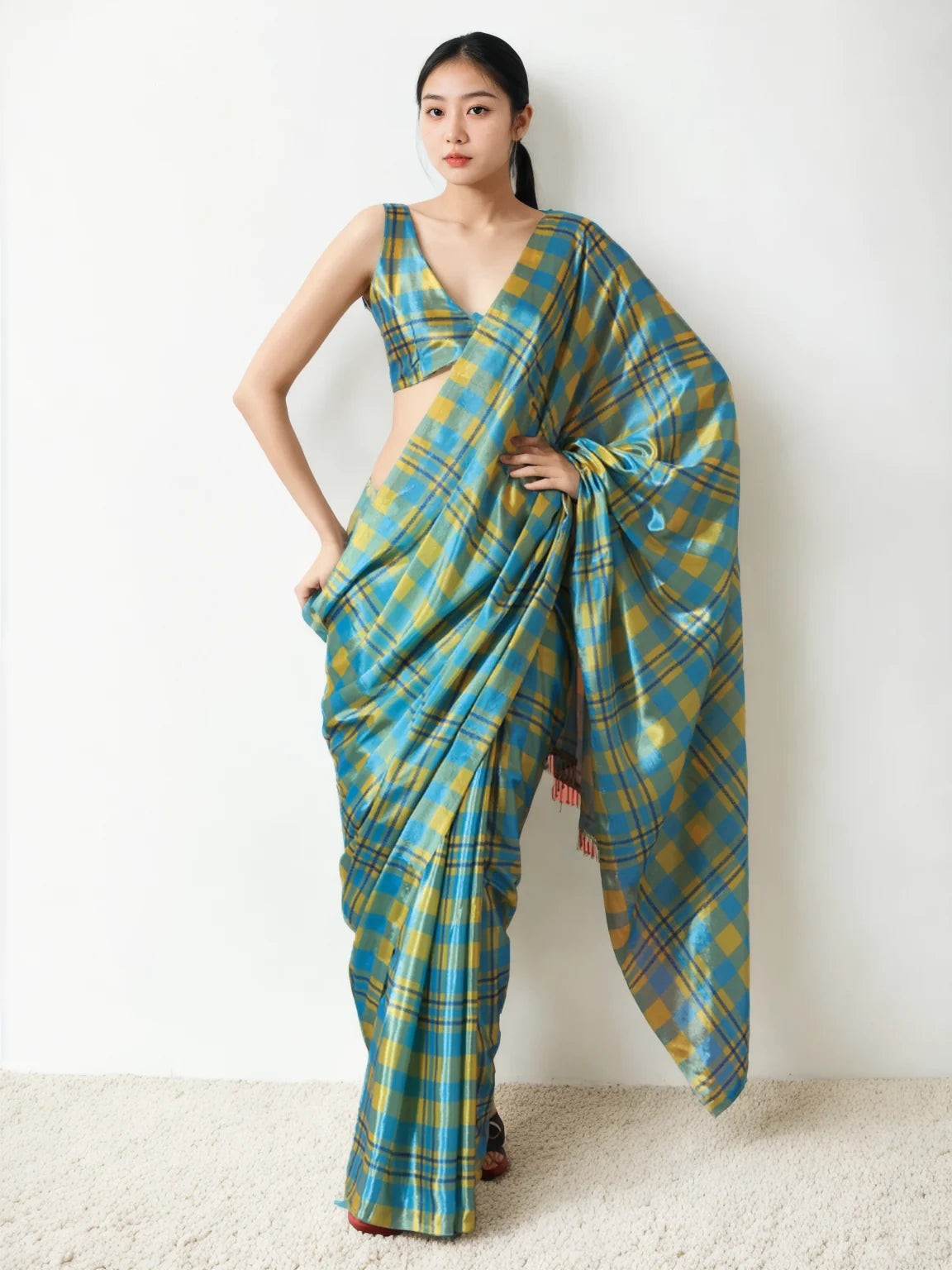 Chinon Digital Print Ready To Wear Saree With Blouse Piece