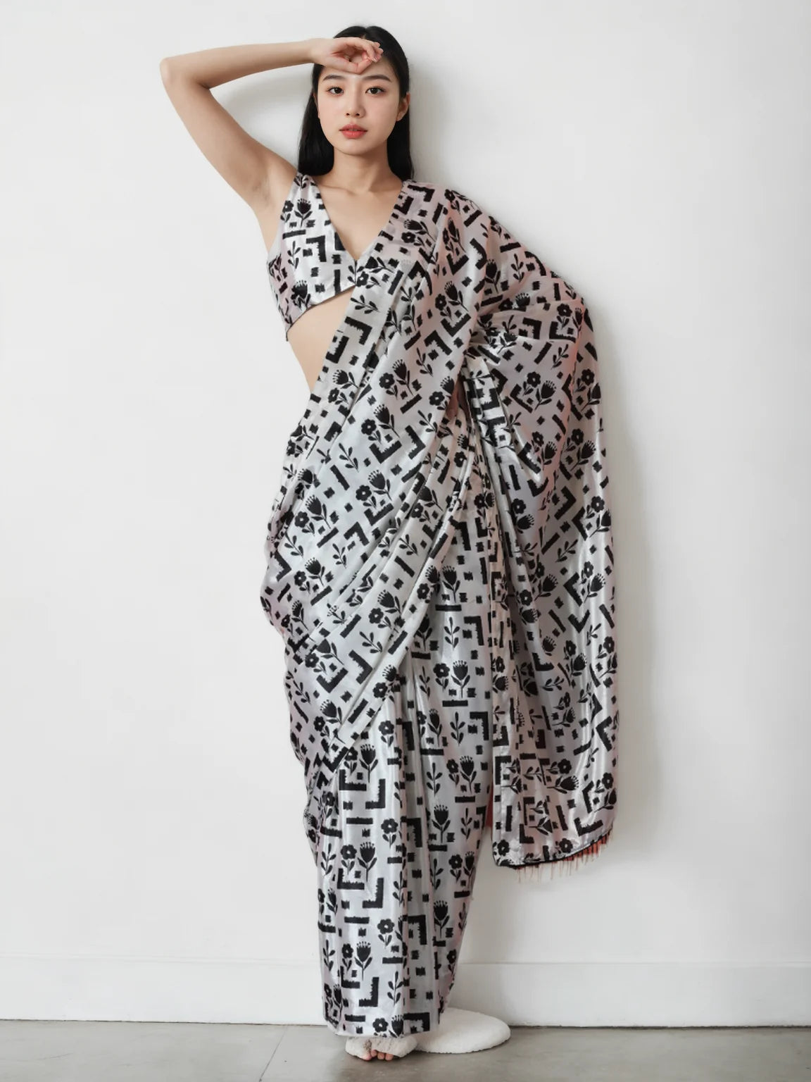 Chinon Digital Print Ready To Wear Saree With Blouse Piece