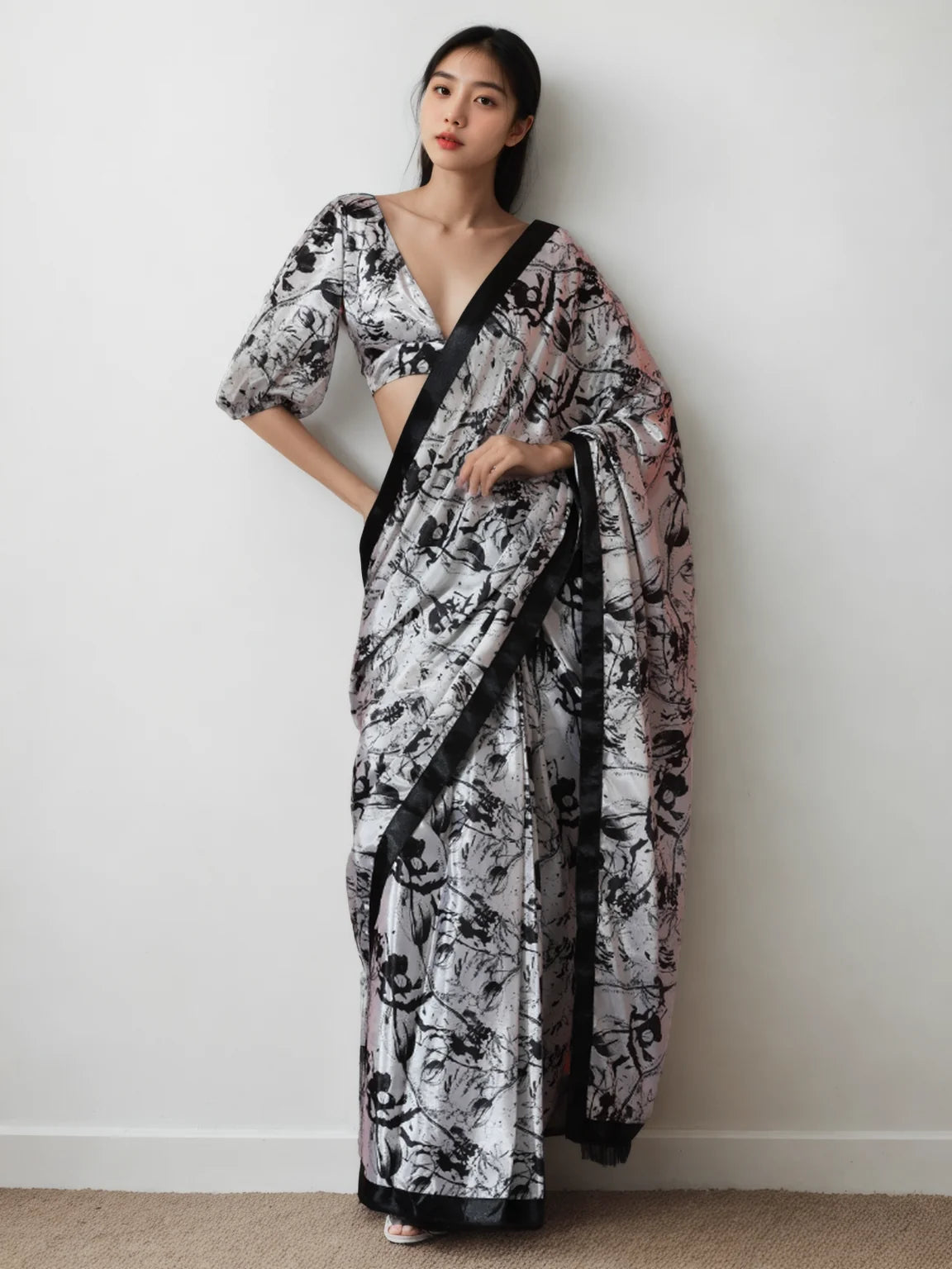 Chinon Digital Print Ready To Wear Saree With Blouse Piece