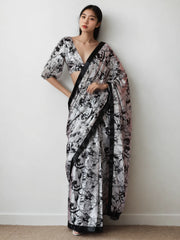 Chinon Digital Print Ready To Wear Saree With Blouse Piece-MWB-VP5027-WHITE
