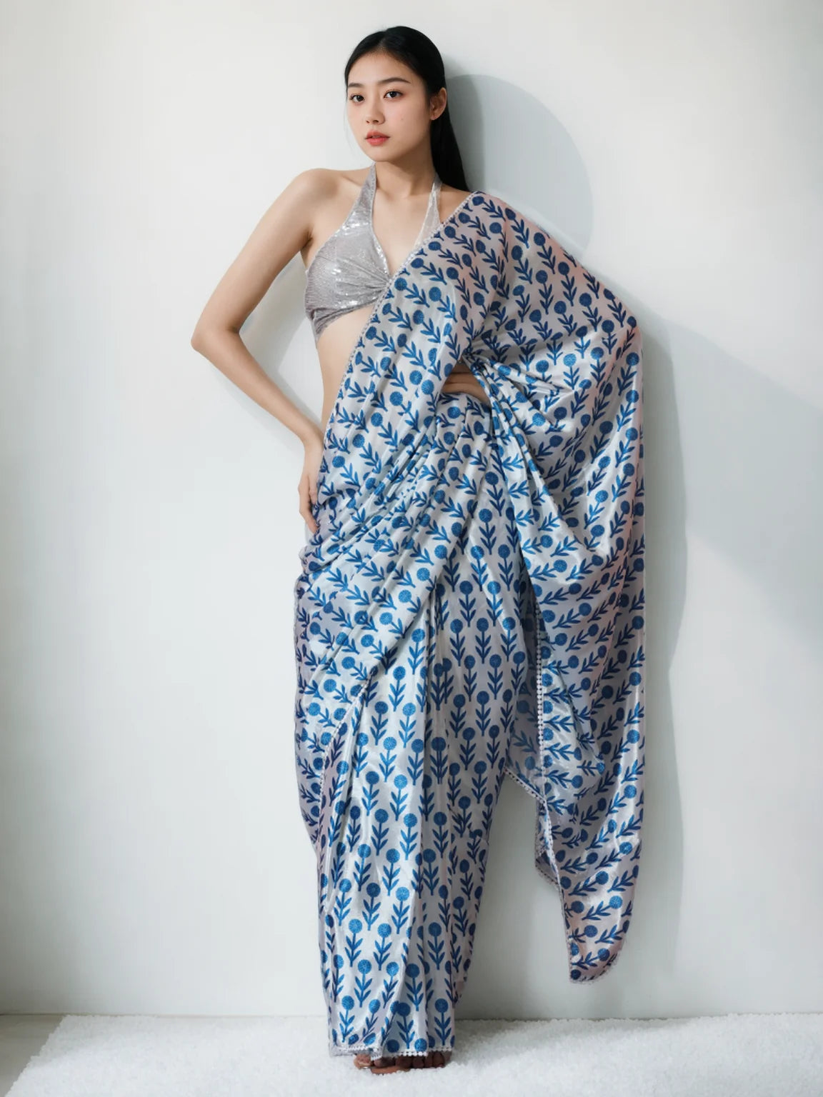 Chinon Digital Print Ready To Wear Saree With Blouse Piece