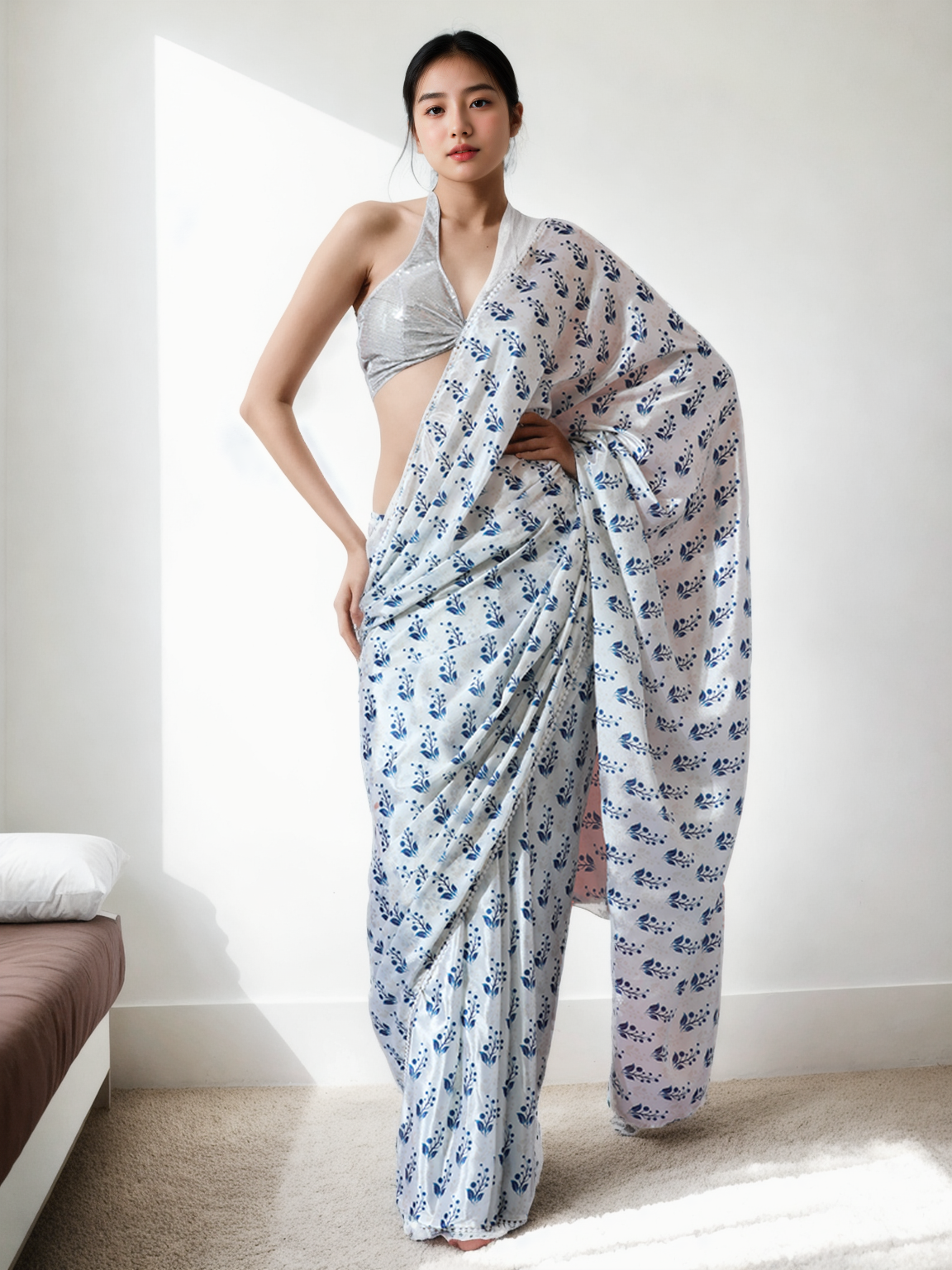 Chinon Digital Print Ready To Wear Saree With Blouse Piece-MWB-VP5033-WHITE