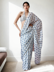 Chinon Digital Print Ready To Wear Saree With Blouse Piece-MWB-VP5033-WHITE