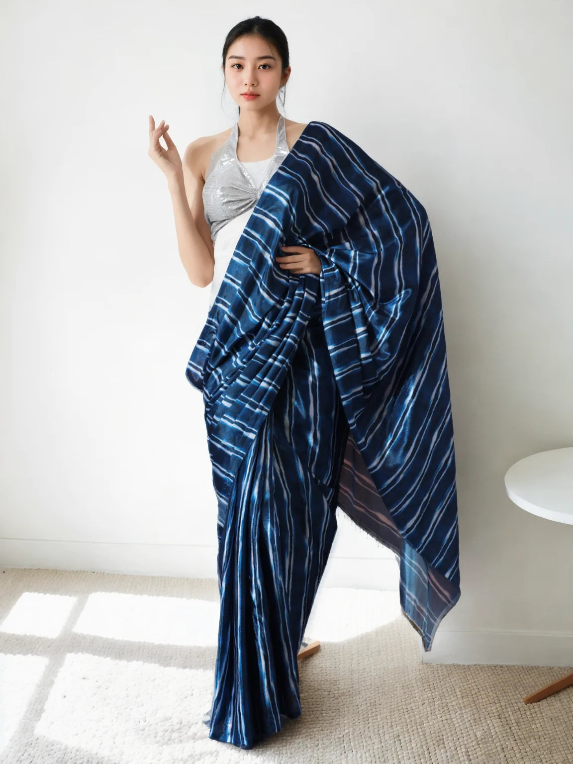 Chinon Digital Print Ready To Wear Saree With Blouse Piece