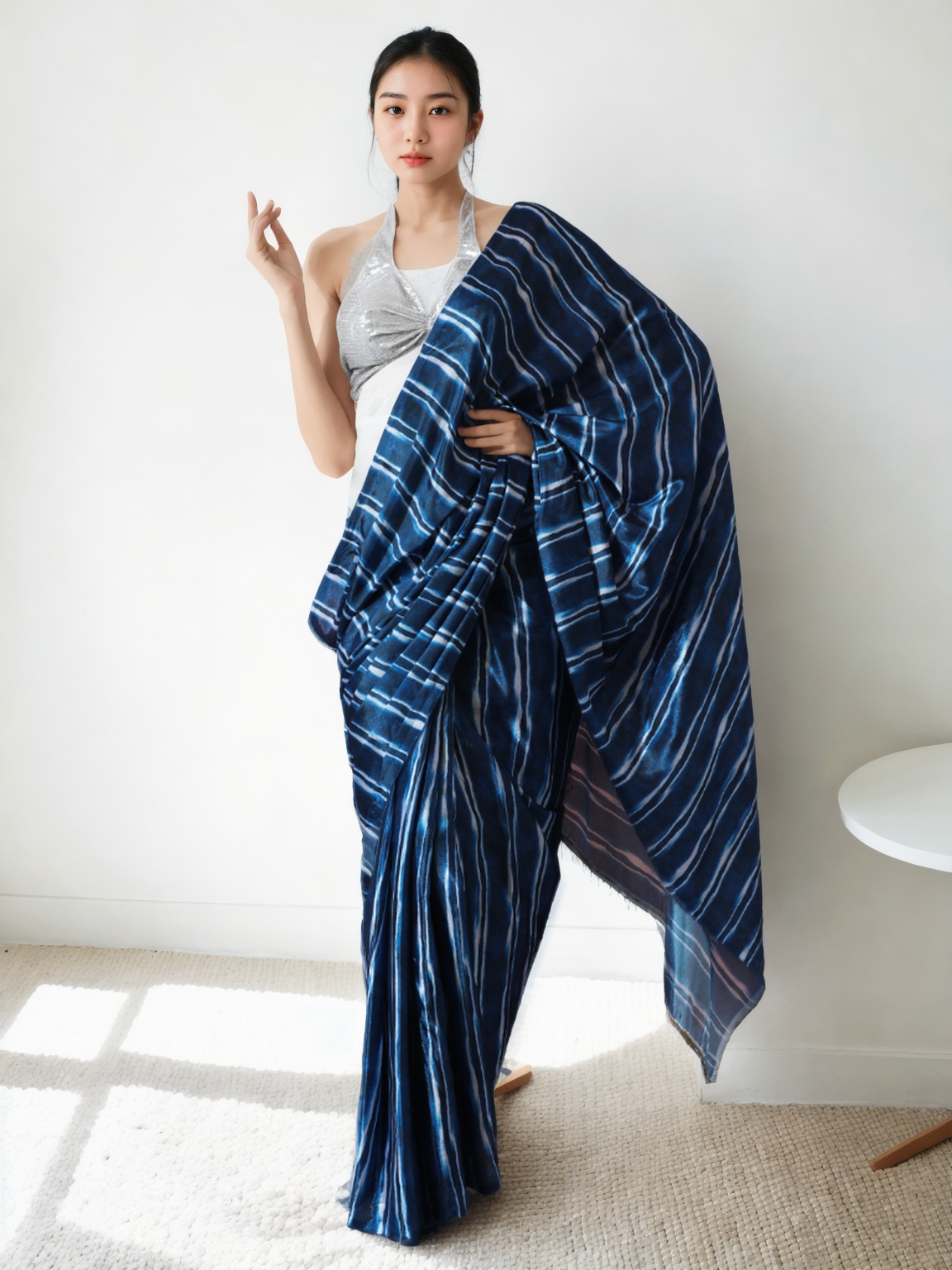Chinon Digital Print Ready To Wear Saree With Blouse Piece-MWB-VP5034-BLUE
