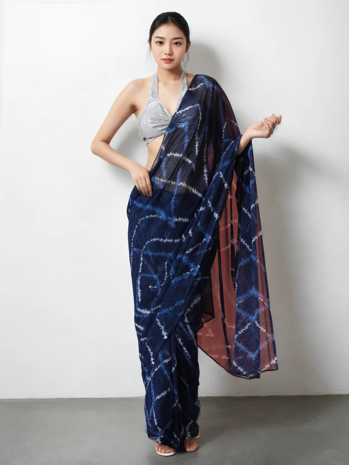 Chinon Digital Print Ready To Wear Saree With Blouse Piece
