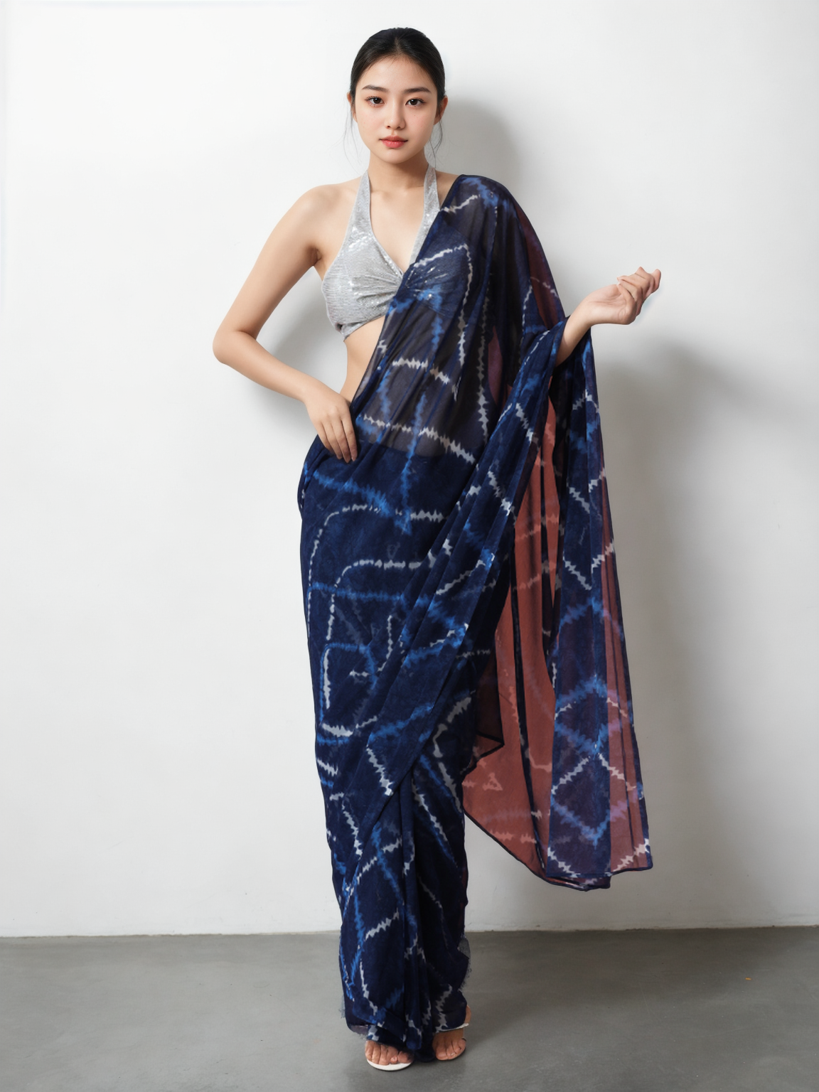 Chinon Digital Print Ready To Wear Saree With Blouse Piece