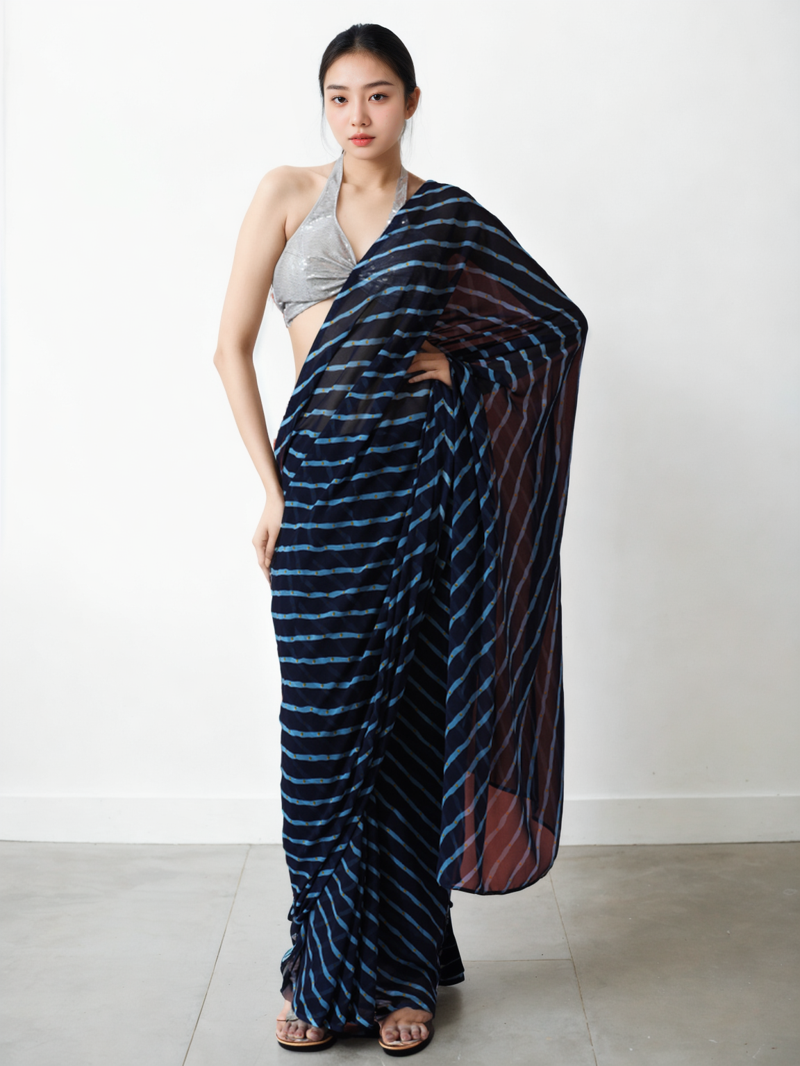 Chinon Digital Print Ready To Wear Saree With Blouse Piece-MWB-VP5036-NAVY