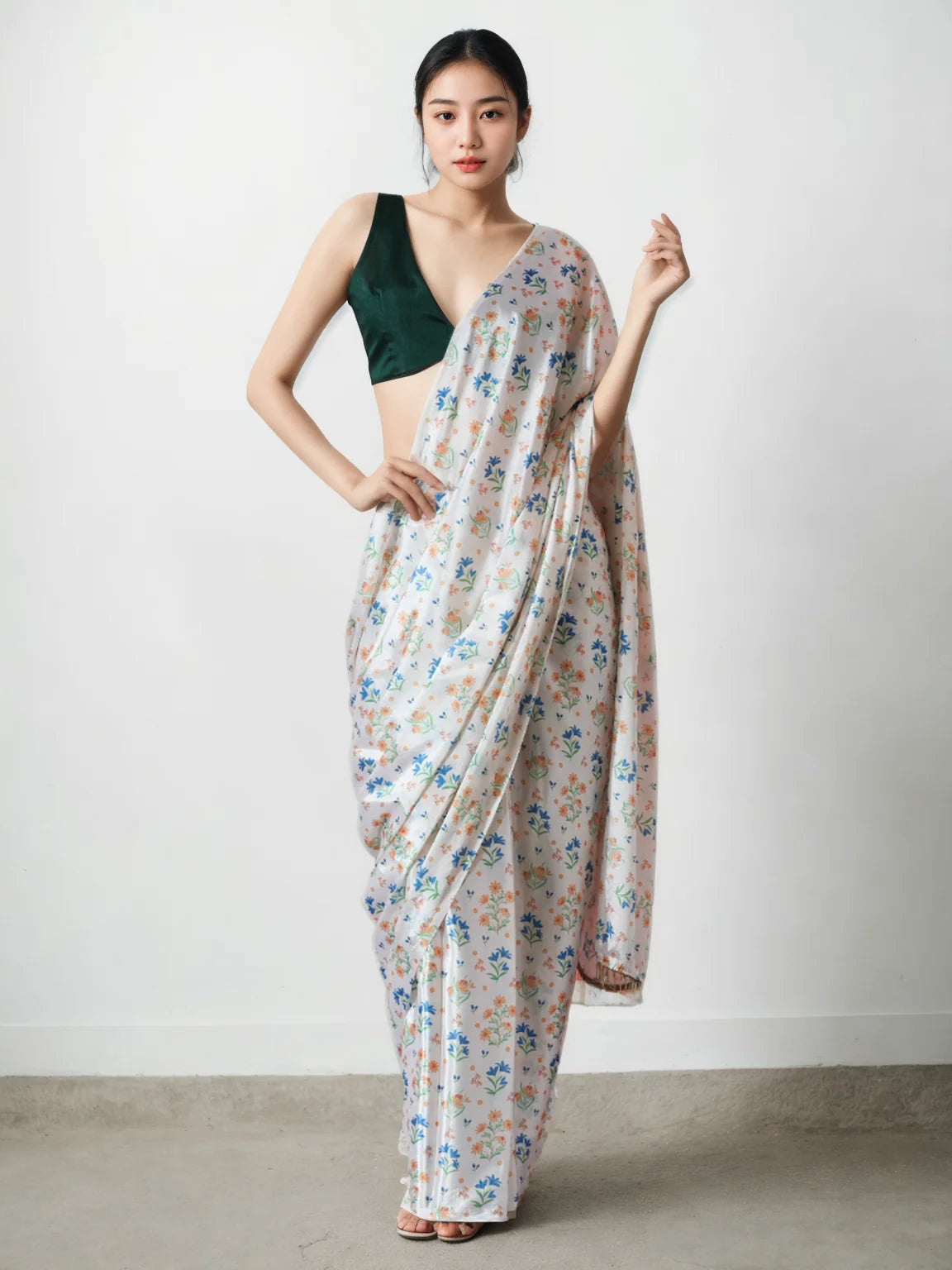 Chinon Digital Print Ready To Wear Saree With Blouse Piece-MWB-VP5037-WHITE