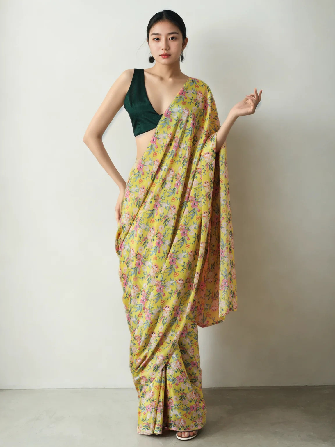 Chinon Digital Print Ready To Wear Saree With Blouse Piece