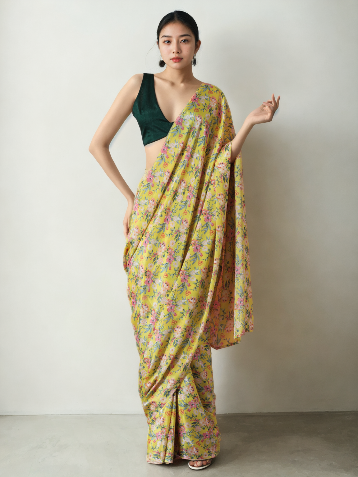 Chinon Digital Print Ready To Wear Saree With Blouse Piece-MWB-VP5040-YELLOW