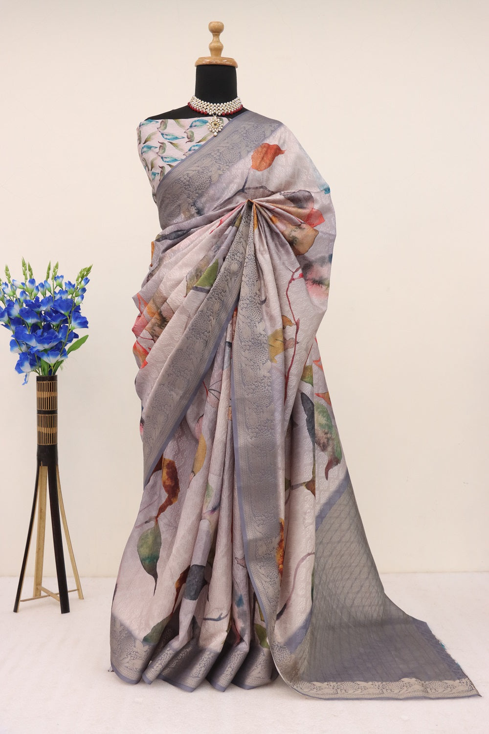Handloom Silk Grey Pashmina Digital Print Saree With Unstiched Blouse Piece-MWPK-292-GREY