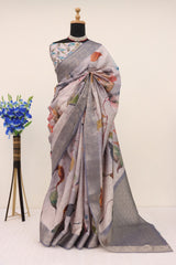 Handloom Silk Grey Pashmina Digital Print Saree With Unstiched Blouse Piece-MWPK-292-GREY