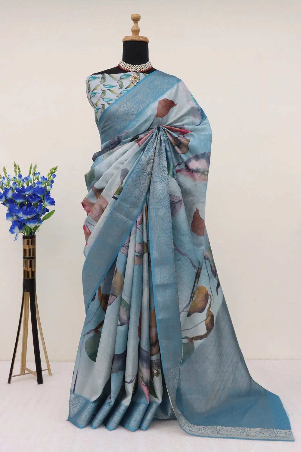 Handloom Silk Sky Blue Pashmina Digital Print Saree With Unstiched Blouse Piece-MWPK-292-SKY