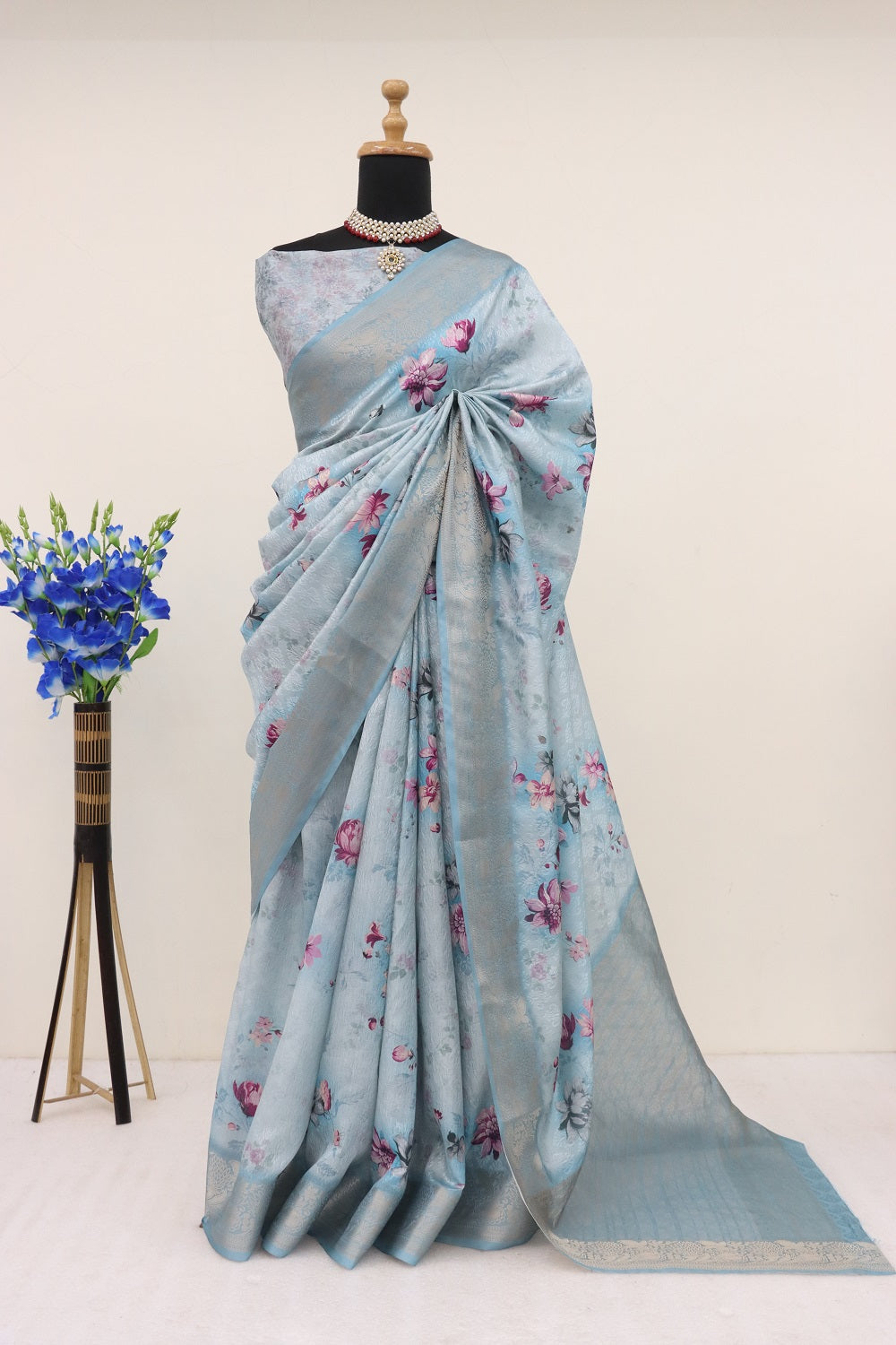 Handloom Silk Sky Blue Pashmina Digital Print Saree With Unstiched Blouse Piece