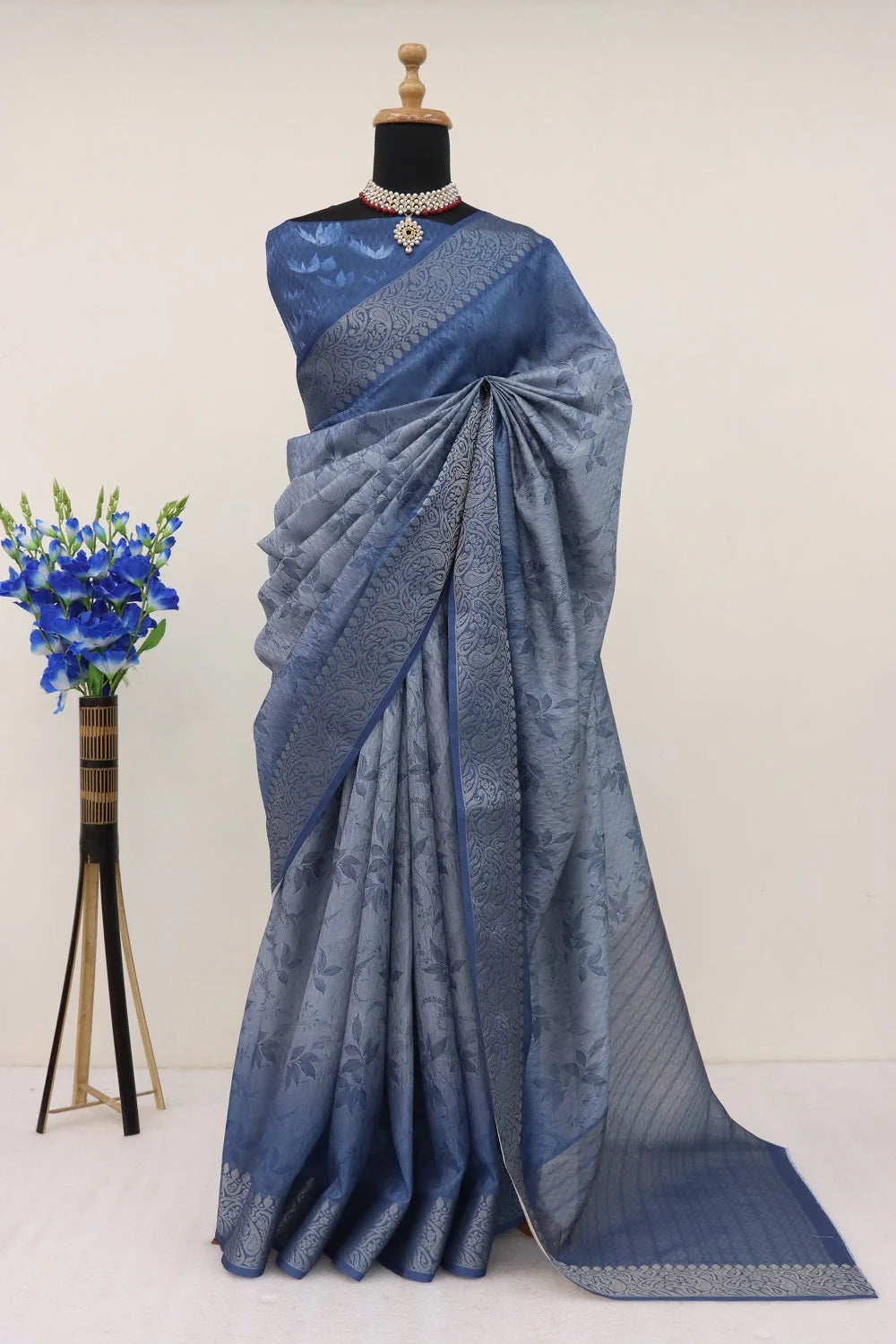 Handloom Silk Blue Pashmina Digital Print Saree With Unstiched Blouse Piece
