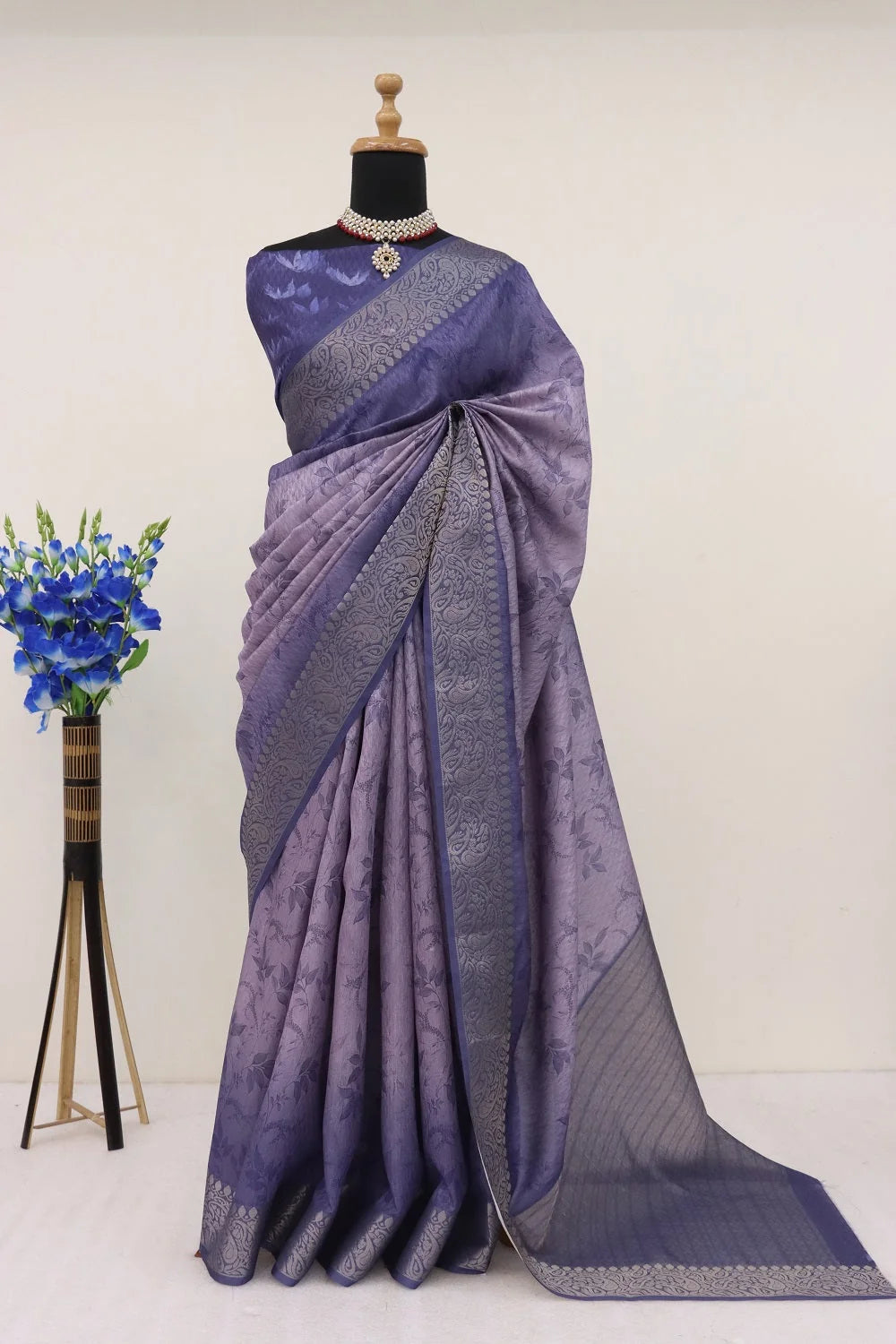 Handloom Silk Purple Pashmina Digital Print Saree With Unstiched Blouse Piece