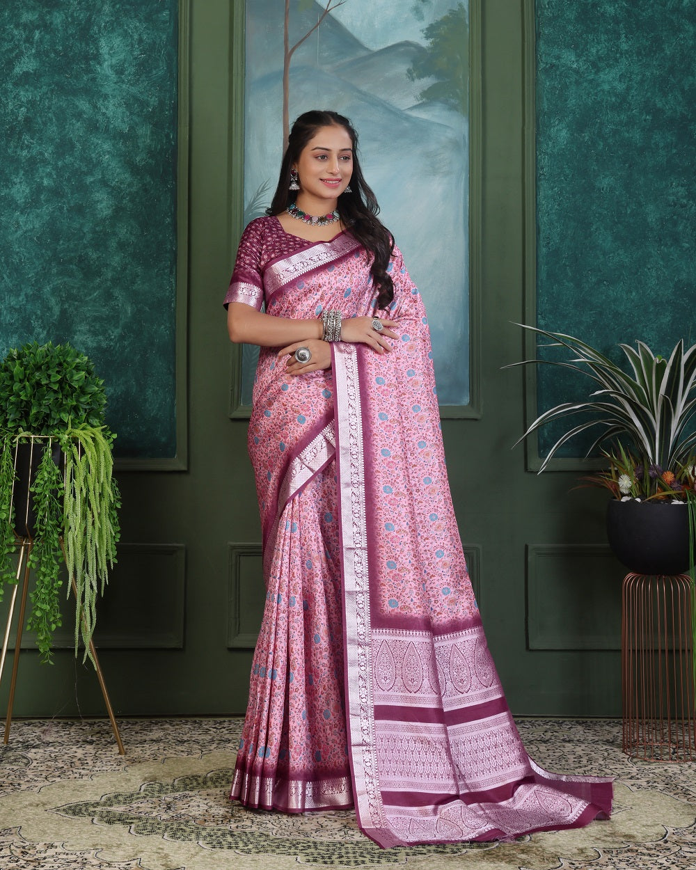 Handloom Silk Pink Pashmina Digital Print Saree With Unstiched Blouse Piece