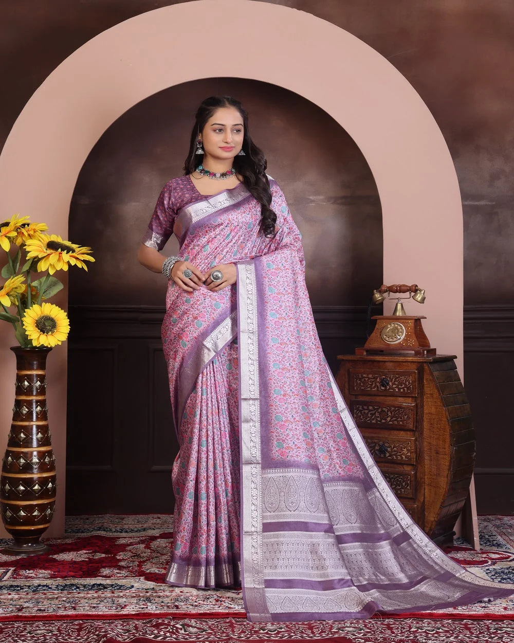 Handloom Silk Purple Pashmina Digital Print Saree With Unstiched Blouse Piece