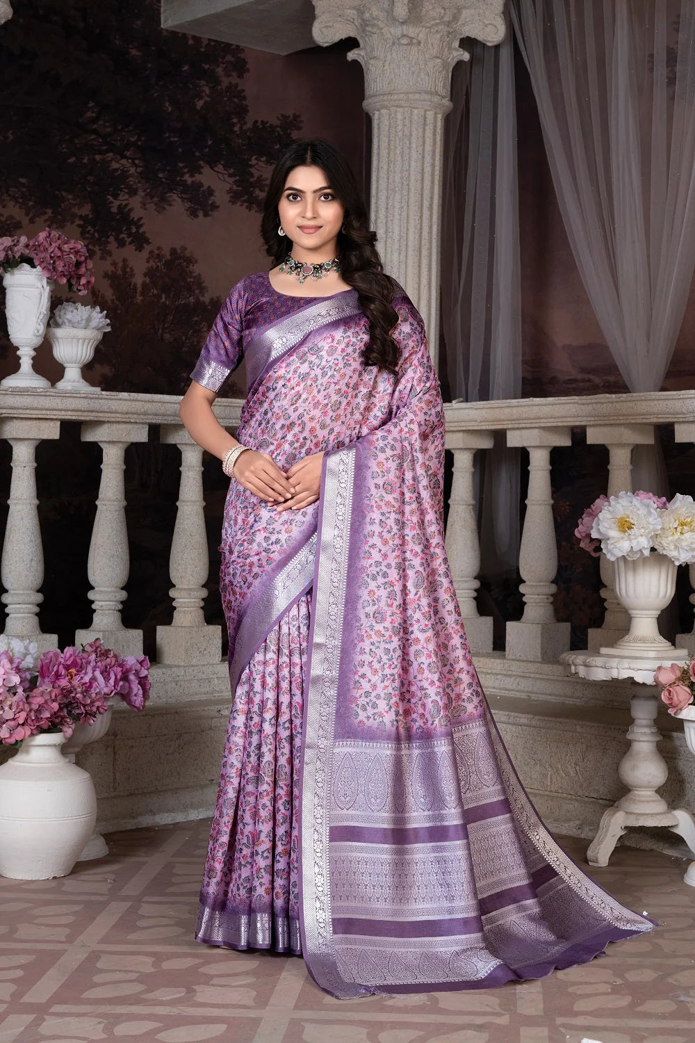 Handloom Silk Lavender Pashmina Digital Print Saree With Unstiched Blouse Piece