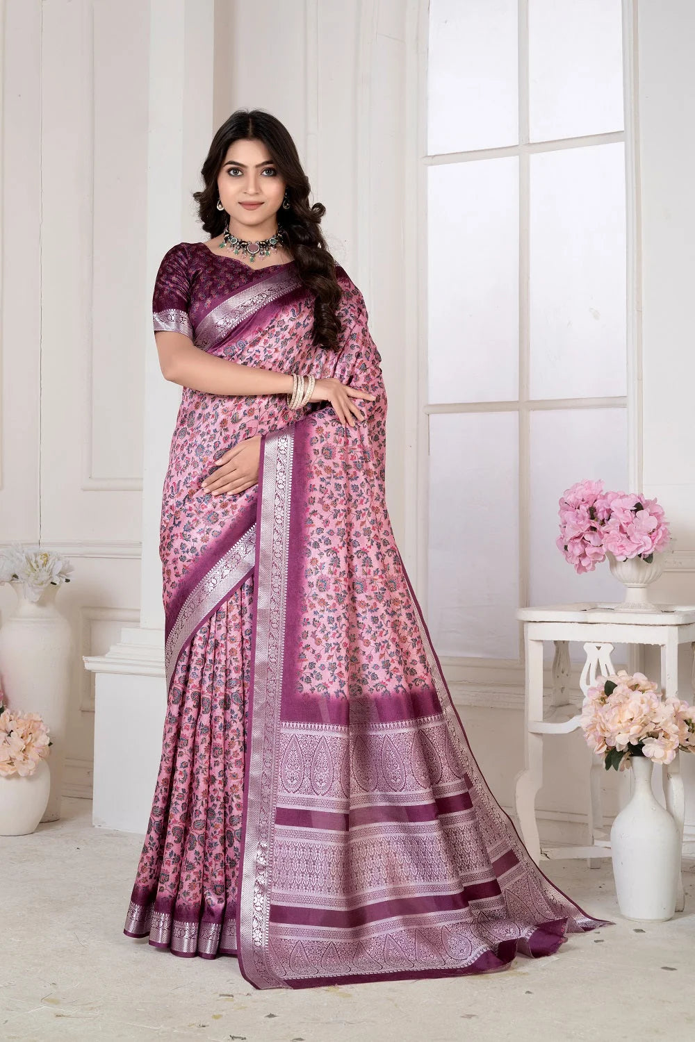 Handloom Silk Wine Pashmina Digital Print Saree With Unstiched Blouse Piece